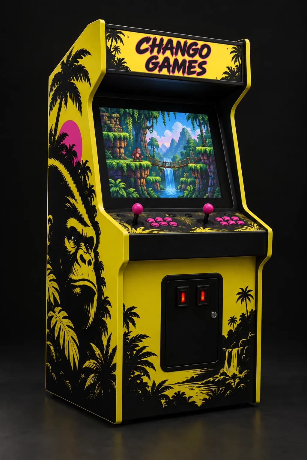 Yellow and black Chango Games arcade cabinet with pink joysticks and a pixel-art jungle game