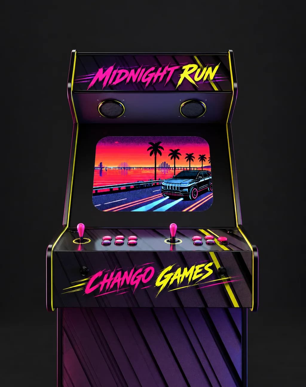 Black Chango Games arcade cabinet with a colorful Midnight Run racing game and pink controls