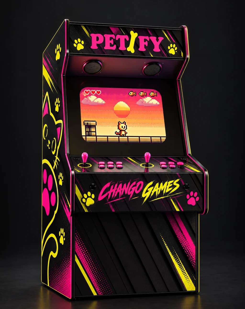 Black Petify arcade cabinet with pink and yellow paw graphics, Chango Games branding, and a pixel-art pet game