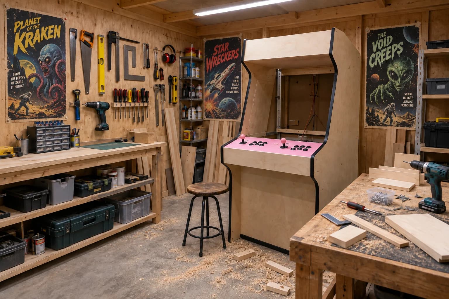 Generated recreation of our compact shed workshop, with wall-mounted tools, retro sci-fi posters, overhead lights, sawdust on the floor, and an arcade cabinet being assembled